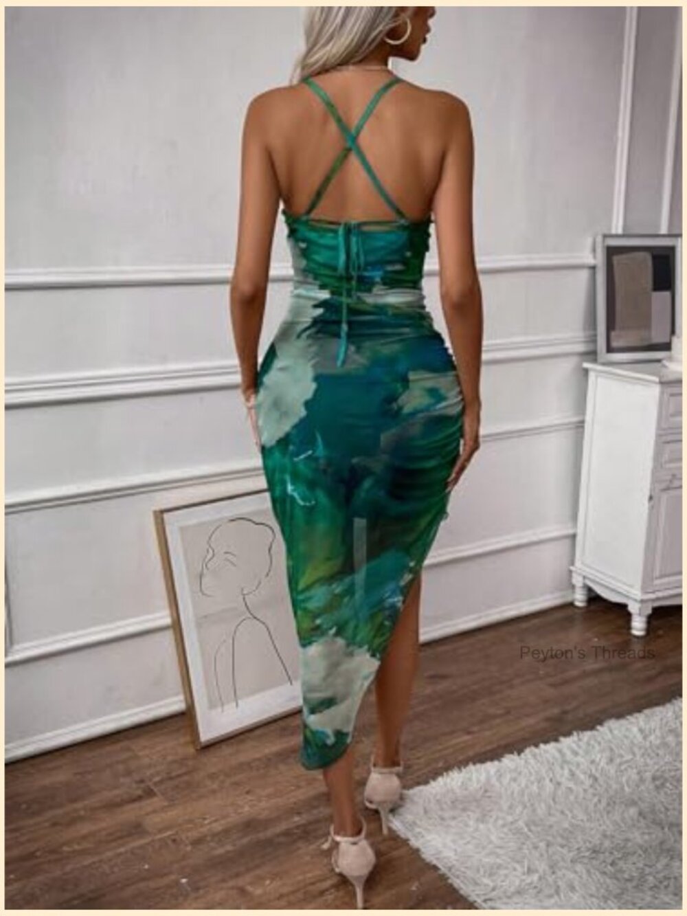 Mesh Ruched Bodycon Midi Dress Tie Dye Asymmetrical Party Going Out Wedding - Picture 2 of 4